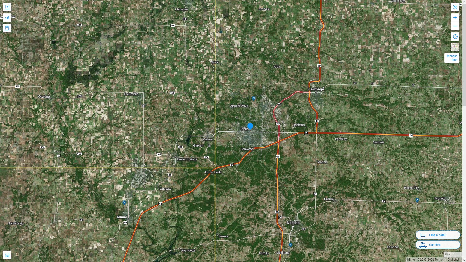 Joplin Missouri Highway and Road Map with Satellite View